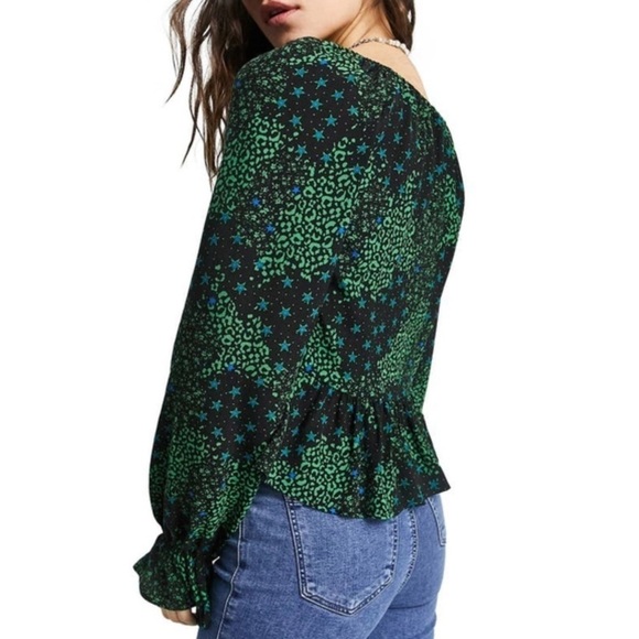 NWT Topshop Mixed Print Tie Front Flyaway Top Black/Green/Blue - Picture 4 of 8